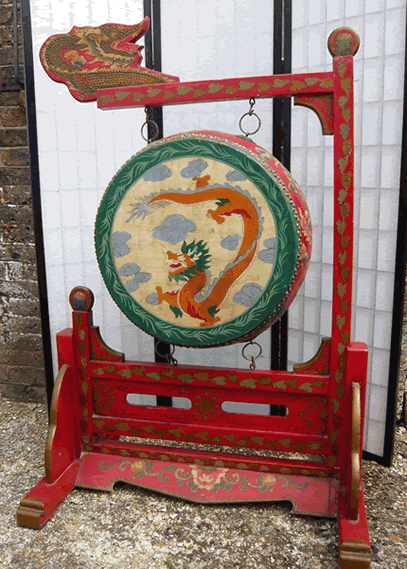Chinese Antique Temple Drum on Ornate Stand